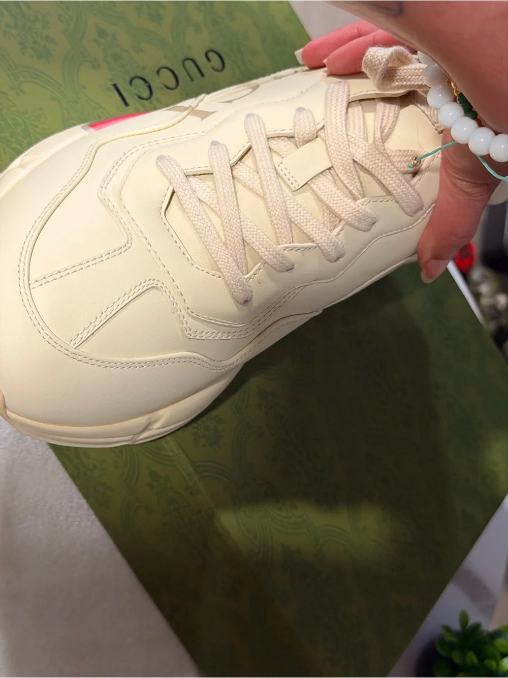 Gucci Cream Leather Sneaker with Green and Red Web Stripe